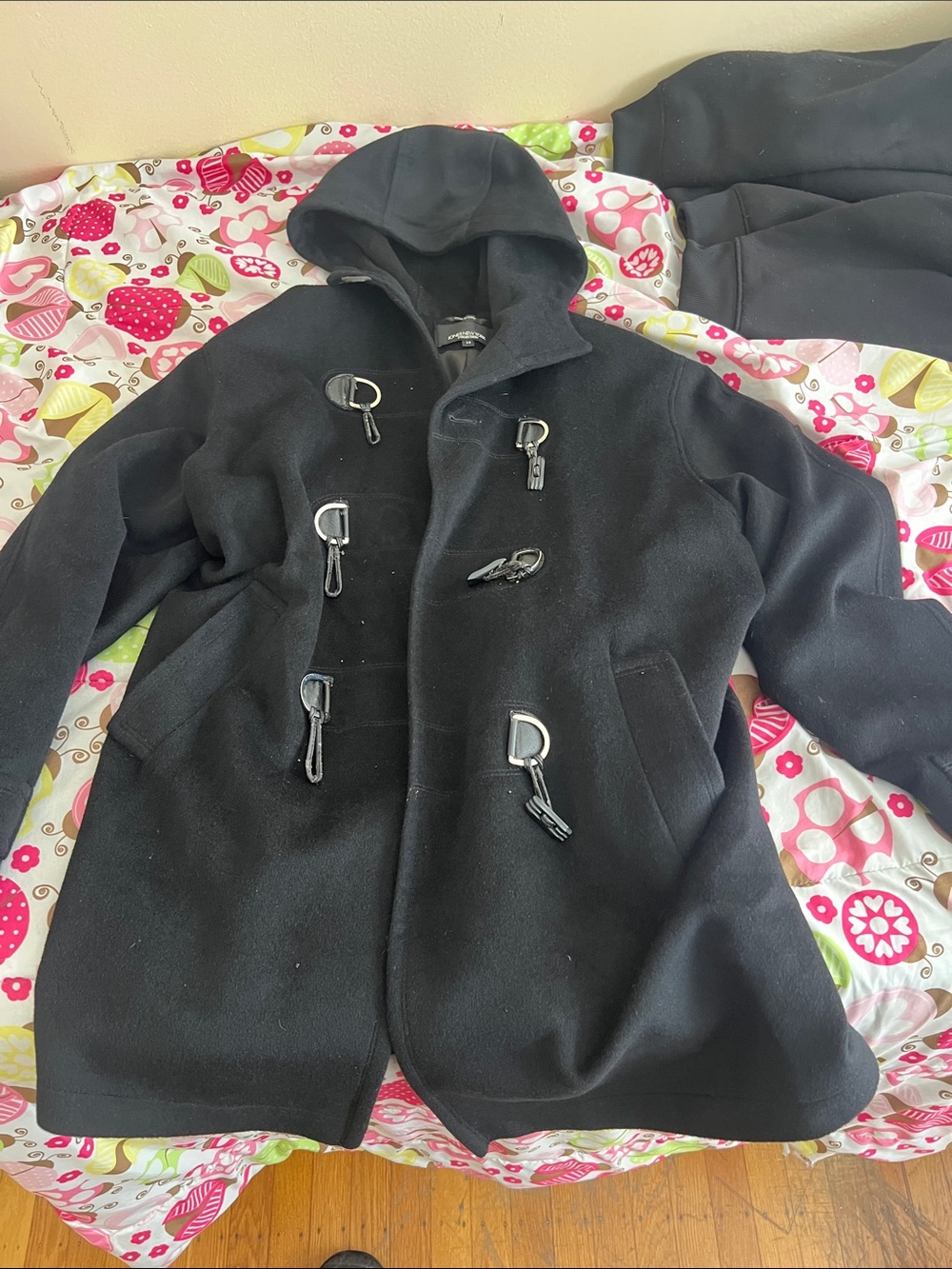 Jones New York Black Hooded Toggle Pea Coat